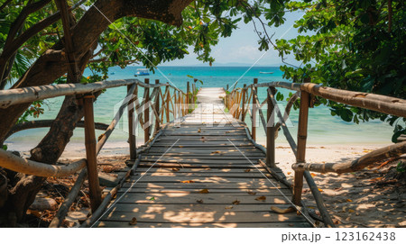 Wooden foothbridge in paradise panorama 123162438