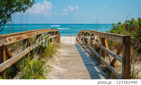 Wooden foothbridge in paradise panorama 123162440