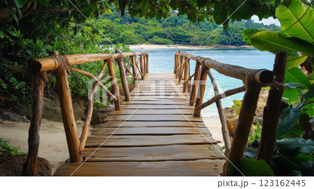 Wooden foothbridge in paradise panorama 123162445