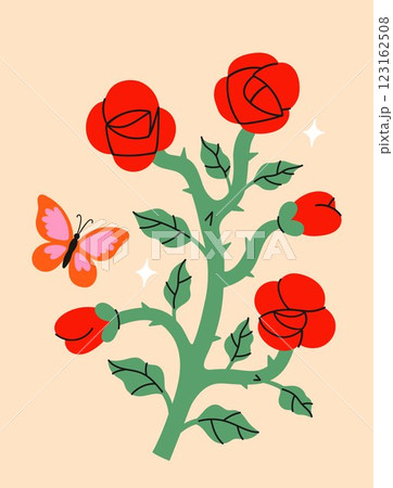 Simple branch with roses and butterfly. Vector image. 123162508