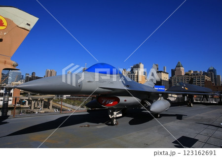 Viper f-16 fighter display in intrepid sea air space museum  . Interpid Sea AIr Space Museum showcases the aircraft carrier the former USS Intrepid 123162691