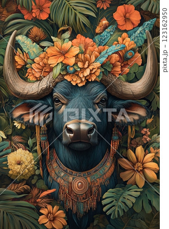 buffalo king wearing jewelry and surrounded by lush jungle foliage buffalo king wearing jewelry and surrounded by lush jungle foliage 123162950
