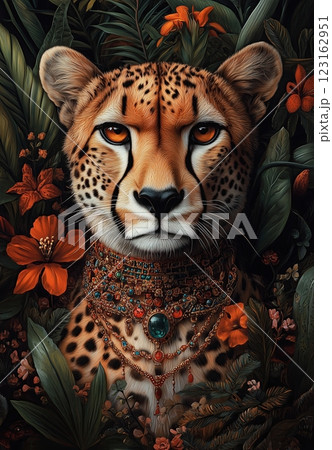 portrait of an elegant cheetah king wearing jewelry and surrounded by lush jungle foliage, vibrant flowers, and intricate details in vivid colors portrait of an elegant cheetah king wearing jewelry and surrounded by lush jungle foliage, vibrant flowers, and intricate details in vivid colors 123162951