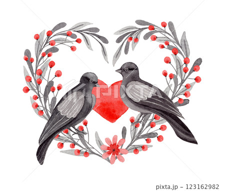 Dove couple heart shaped arrangement in folk style. Stylized illustration in red and gray colors for wedding invitation creating. Hand drawn composition is perfect for romantic and love designs. Dove couple heart shaped arrangement in folk style. Stylized illustration in red and gray colors for wedding invitation creating. Hand drawn composition is perfect for romantic and love designs. 123162982