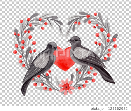 Dove couple heart shaped arrangement in folk style. Stylized illustration in red and gray colors for wedding invitation creating. Hand drawn composition is perfect for romantic and love designs. Dove couple heart shaped arrangement in folk style. Stylized illustration in red and gray colors for wedding invitation creating. Hand drawn composition is perfect for romantic and love designs. 123162982