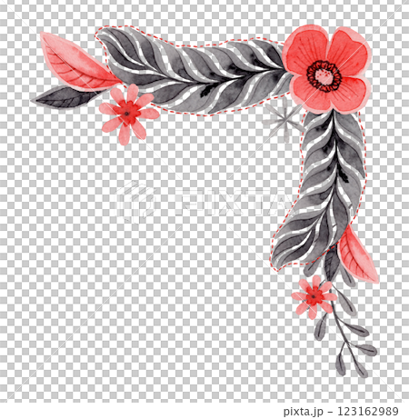 Corner composition with flower and feather in folk style. Stylized illustration in red and gray for wedding invitation creating. Hand drawn arrangement is perfect for romantic and love designs. Corner composition with flower and feather in folk style. Stylized illustration in red and gray for wedding invitation creating. Hand drawn arrangement is perfect for romantic and love designs. 123162989