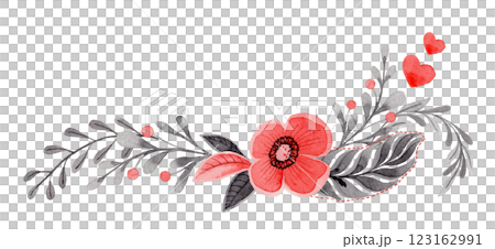 Long arrangement with flower and twig in folk style. Stylized illustration in red and gray colors for wedding invitation creating. Hand drawn composition is perfect for romantic and love designs. 123162991