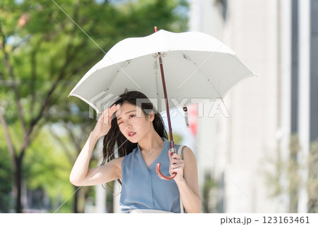 オフィス街で暑そうに日傘をさして歩くビジネスウーマン オフィス街で暑そうに日傘をさして歩くビジネスウーマン 123163461