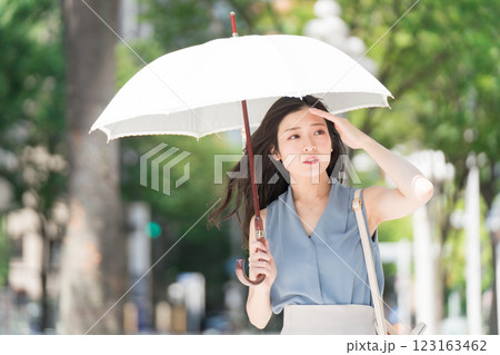 オフィス街で暑そうに日傘をさして歩くビジネスウーマン オフィス街で暑そうに日傘をさして歩くビジネスウーマン 123163462