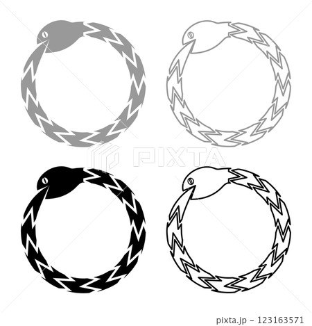 Uroboros Zhulong snake eating own tail coiled in ring Ouroboros serpent set icon grey black color vector illustration image solid fill outline contour line thin flat style Uroboros Zhulong snake eating own tail coiled in ring Ouroboros serpent set icon grey black color vector illustration image solid fill outline contour line thin flat style 123163571