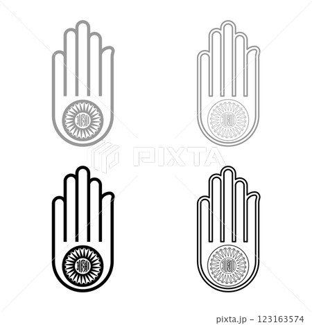 Hand Akhimsa Ahimsa arm Jainism Jain religion symbol Dharma Ahinsa set icon grey black color vector illustration image solid fill outline contour line thin flat style 123163574