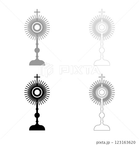 Monstrance Christi Sacrament of the eucharist set icon grey black color vector illustration image solid fill outline contour line thin flat style Monstrance Christi Sacrament of the eucharist set icon grey black color vector illustration image solid fill outline contour line thin flat style 123163620