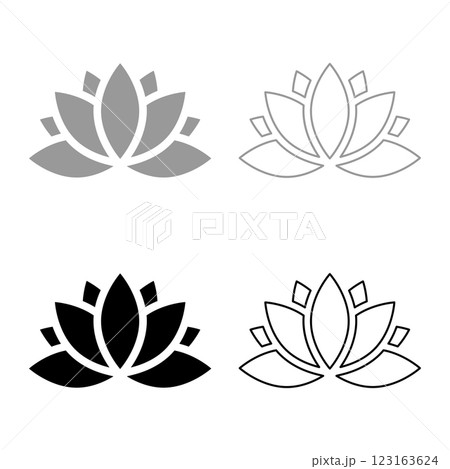 Lotus lily water flower set icon grey black color vector illustration image solid fill outline contour line thin flat style 123163624