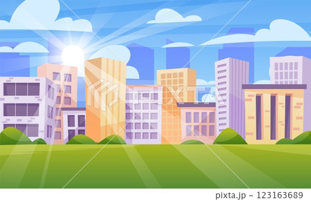 City landscape. Urban house buildings. Sun rays. Park green lawn. Sky clouds. Summer panorama. Town architecture. Sunlight beams. Sunny day. Downtown skyscraper towers. Vector cityscape background 123163689