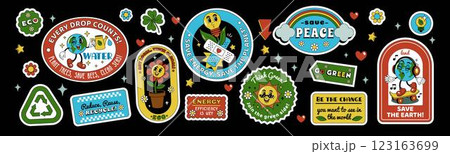 Earth sticker. Eco character. World day. Retro style environment. Y2K planet with flower. Green globe with cute smile face. Recycle label. Peace save badge. Renewable energy. Vector cartoon icons set Earth sticker. Eco character. World day. Retro style environment. Y2K planet with flower. Green globe with cute smile face. Recycle label. Peace save badge. Renewable energy. Vector cartoon icons set 123163699