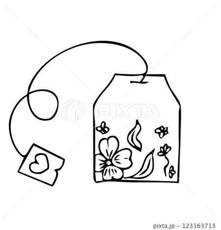 Tea bag herbal with leaves and flowers tea infusion paper filter hand drawn doodle drawing. Teabag natural aroma with label, packaging. Sketch tea time collection. 123163713
