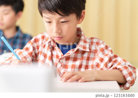 真剣な表情で筆記する男子小学生 123163880