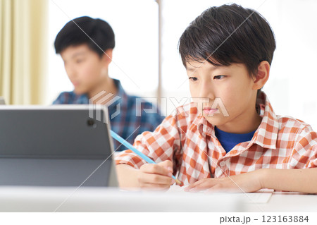 真剣な表情で勉強中の男子小学生 123163884