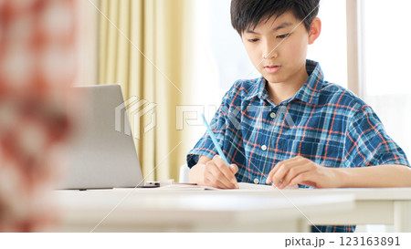 真剣な表情で勉強中の高学年男子 真剣な表情で勉強中の高学年男子 123163891