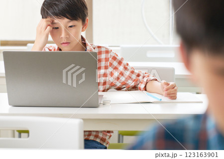 ノートPCを使って勉強をする男子小学生 123163901
