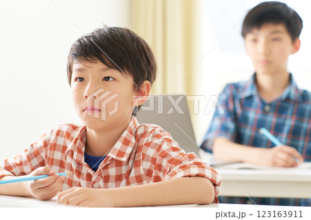 真剣な表情で勉強中の男子小学生 真剣な表情で勉強中の男子小学生 123163911