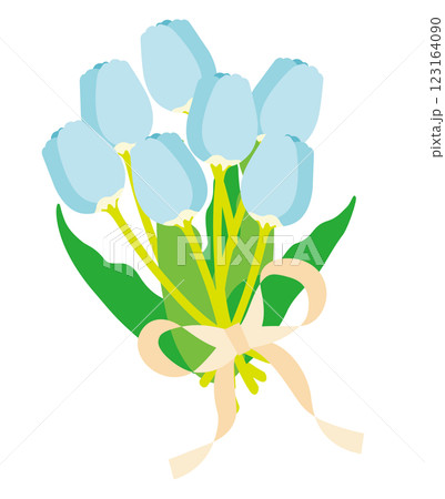 水色チューリップにクリームリボンの花束 123164090