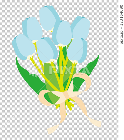 水色チューリップにクリームリボンの花束 123164090
