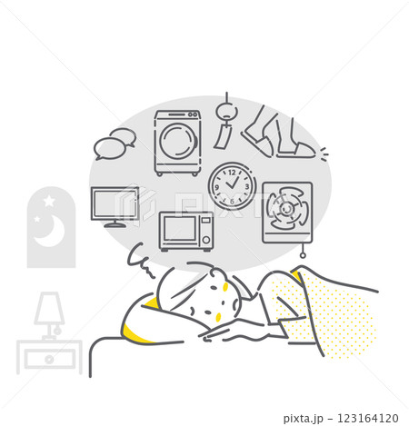 音が気になって眠れない女性　シンプルでお洒落な線画イラスト 123164120
