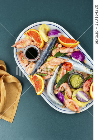 Fresh seafood and marinade. Fresh seafood and marinade. 123164220