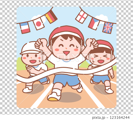 小學生在運動會上衝過終點線 小學生在運動會上衝過終點線 123164244