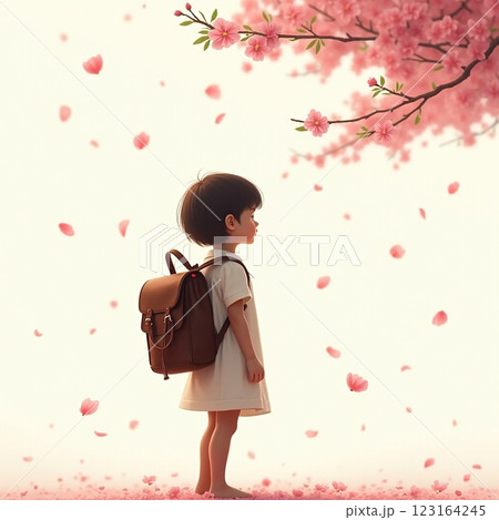 桜の花びらに包まれた子どもの姿 123164245