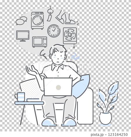 一個因為噪音而無法集中精力在家工作的男人 — — 簡單而時尚的線條畫插圖 123164250