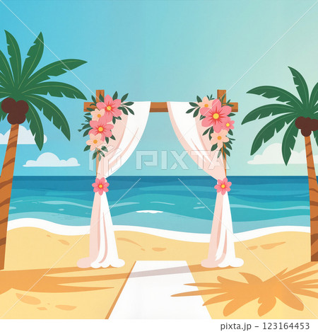 Beach wedding setup with floral decorations and tropical palms by the ocean during sunset 123164453