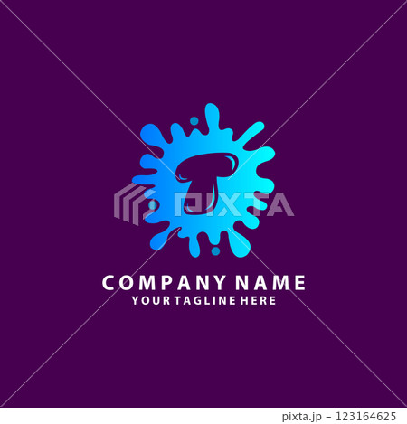 T Logo With Blue Splash Element. Blue Wave logo design template. 123164625