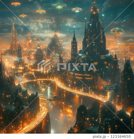 Neon Cyber City with Flying Cars Neon Cyber City with Flying Cars 123164650