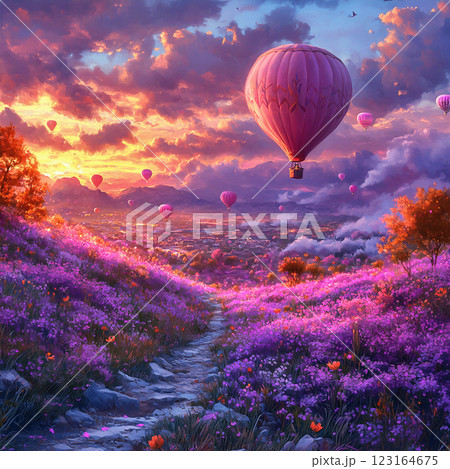 Hot Air Balloons Over a Lavender Field Hot Air Balloons Over a Lavender Field 123164675
