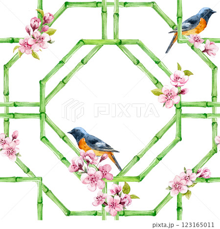 Beautiful seamless pattern with hand drawn bamboo lattice in vacation style. Ready print design. 123165011
