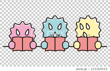 本を読むカラフルなベビートリケラトプスたちのイラスト　居眠り　横目 123165018