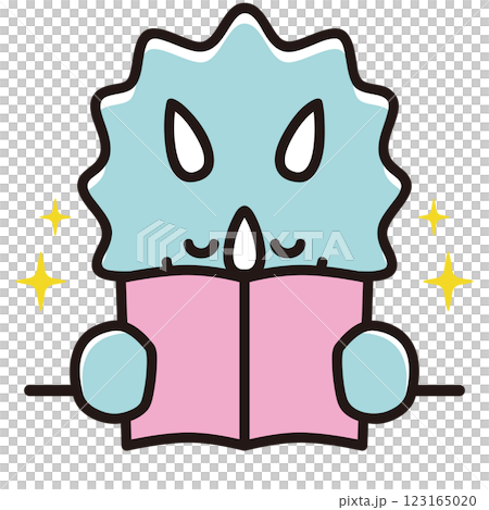 Illustration of a baby triceratops reading a book, eyes closed, sparkling Illustration of a baby triceratops reading a book, eyes closed, sparkling 123165020