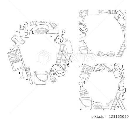 Painter tools circle round square frame set. Graphic line ink Set of painting tools, brush, roller. Decorator job, interior renovation service. Vector illustration Painter tools circle round square frame set. Graphic line ink Set of painting tools, brush, roller. Decorator job, interior renovation service. Vector illustration 123165039