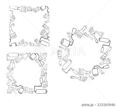 Painter tools circle round square frame set. Graphic line ink Vector illustration paint can opener, color can, apron, bucket, can, Brush, Roller, Paint tray, Masking tape, Ladder, Step ladder 123165040