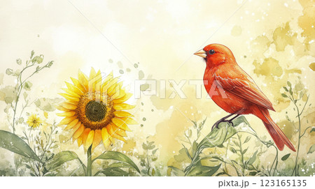 Vibrant red finch perched on sunflower in watercolor painting. Concept of nature, wildlife, floral art, colorful birds. Copy space 123165135