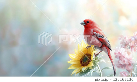 Watercolor illustration of a red finch perched on sunflower. Concept of birds in nature, vibrant wildlife, floral background, colorful ecosystems. Copy space 123165136