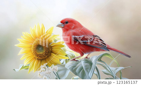 Bright red finch perched on sunflower with soft blurred background. Concept of vibrant nature, birdwatching, colorful wildlife, floral serenity. Copy space 123165137
