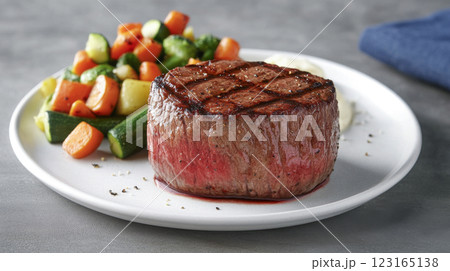 Delicious grilled beef steak with veggies on white plate. Concept of gourmet dining, fine cuisine, protein-rich meals, culinary arts, food presentation, meat 123165138