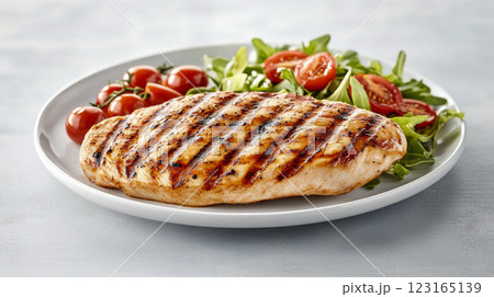 Perfectly grilled chicken breast served with fresh salad on white plate. Concept of healthy eating, balanced diet, nutritious meals, culinary delights, gourmet cooking, food presentation, meat 123165139