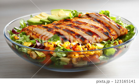 Grilled chicken salad with avocado and mixed greens in glass bowl. Concept of healthy eating, nutritious meal, fresh ingredients, balanced diet, meat 123165141