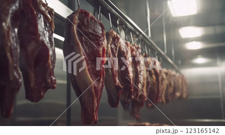 Large cuts of beef hanging in refrigeration unit for meat preservation. Concept of food storage, butchery, meat processing, freshness 123165142