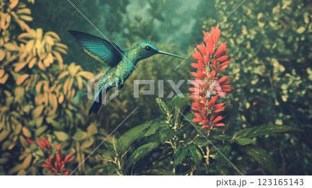 Vivid green and blue hummingbird hovering near vibrant red flowers in tropical garden. Concept of exotic wildlife, nature beauty, bird watching, lush rainforest 123165143