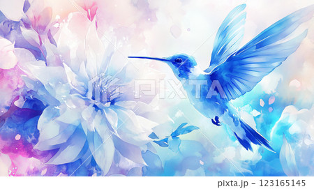 Blue hummingbird in flight near large flower in watercolor art. Concept of nature beauty, vibrant wildlife, artistic expression, elegance, exotic birds. Copy space 123165145